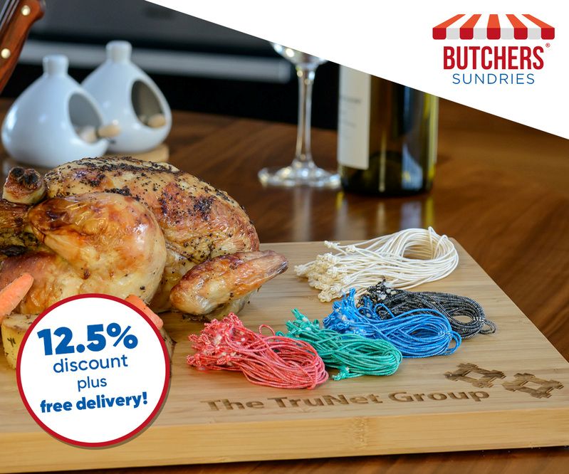 Image shows a roast chicken with ties aside the Butchers Sundries logo and a note of a 12.5% discount with free delivery